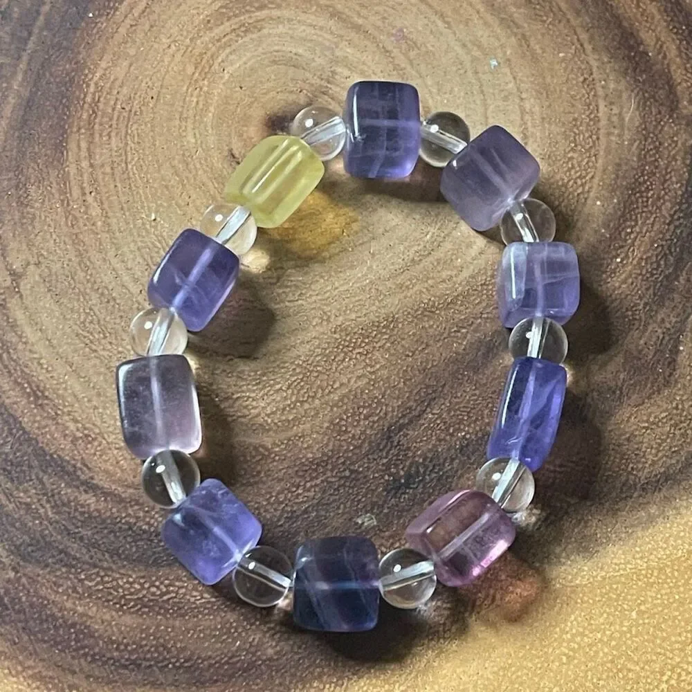 Fluorite bracelet striped layers rainbow colors cube stretch 10mm 7.5” natural c